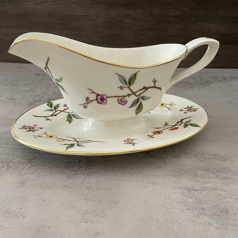 Vintage Royal Worcester Blossom Time Gravy Boat with Attached Under Plate MINT
